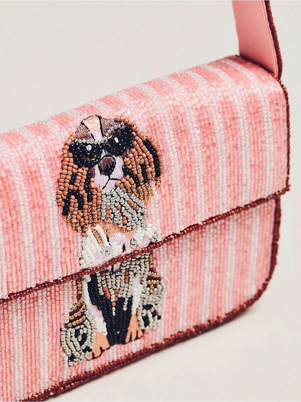 Anthropologie Fiona Pink Striped Beaded Cocker Spaniel Bag